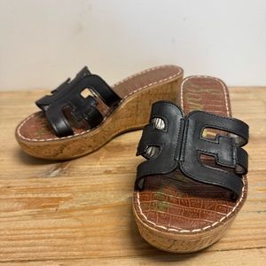Sam Edelman “Regis” Black Leather Platform Wedge Slip‎ On Sandal Cork Size 6
